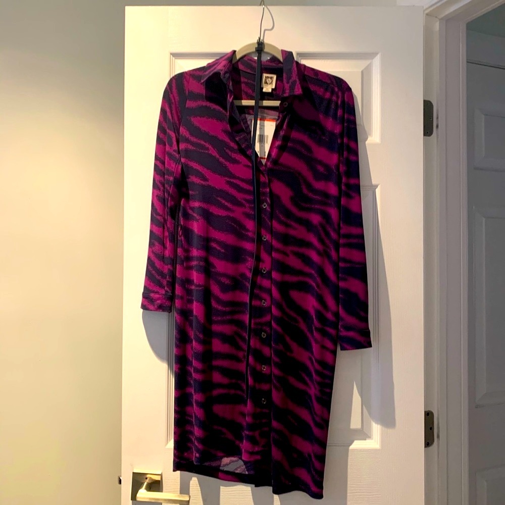 Anne Klein Leo purple animal print navy belted button down shirt dress XS